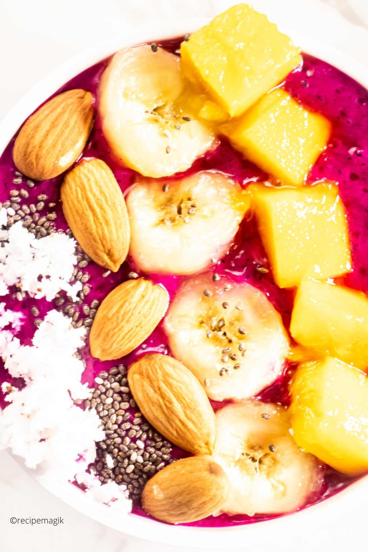 Thick and Creamy Dragonfruit Smoothie Bowl with toppings