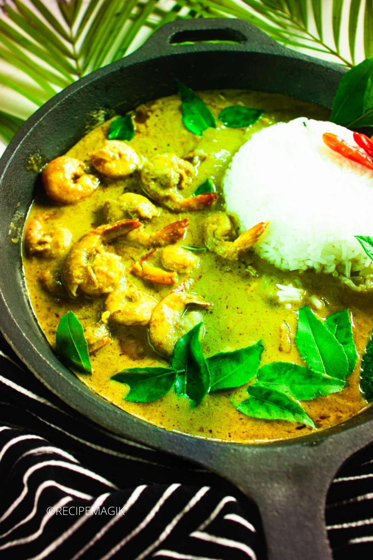 Thai Green Shrimp Curry in a Cast Iron Skillet