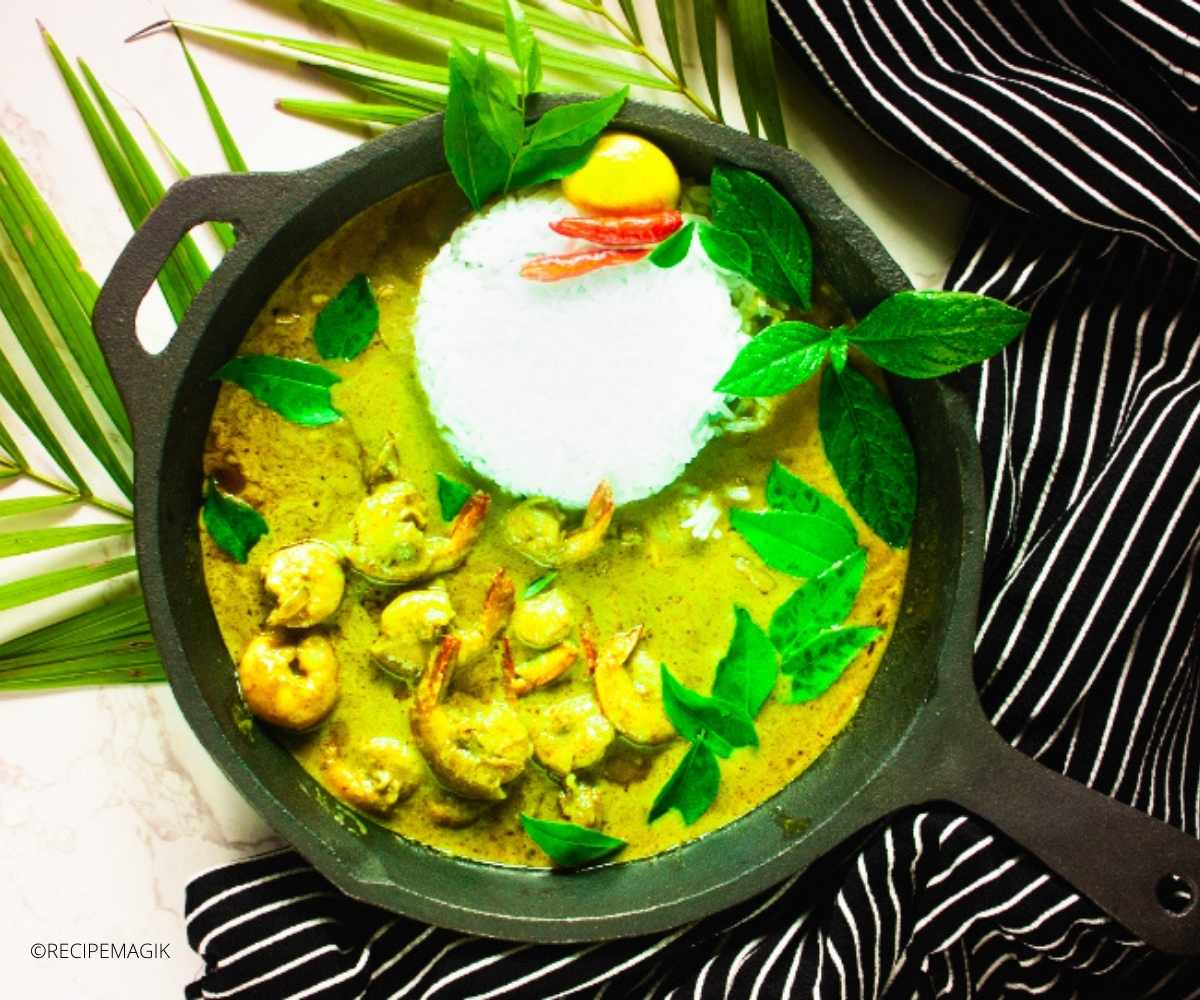 Thai Green Shrimp Curry in a Cast Iron Skillet with jasmine rice