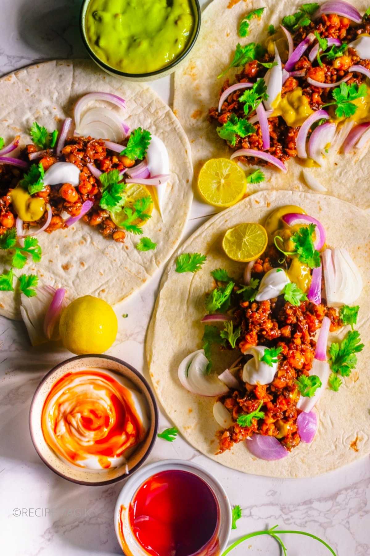 Vegan Chickpea Walnut Tacos on a white table