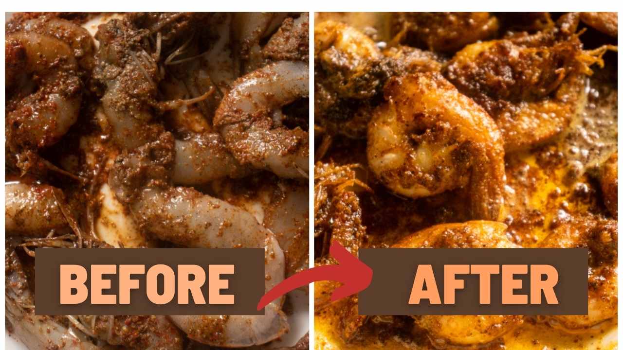 comparison of shrimps before cooking and after cooking