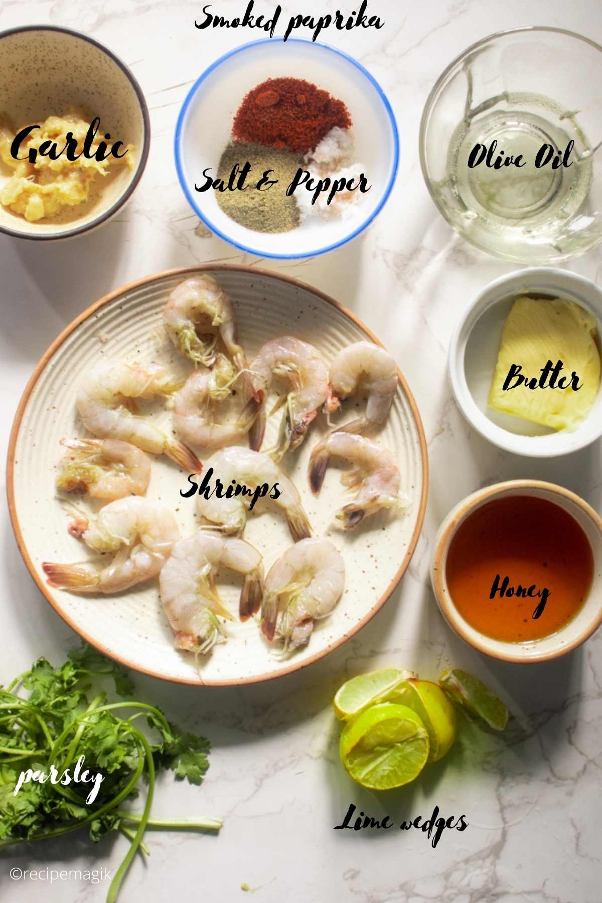 ingredients for garlic honey lime shrimps on a table
