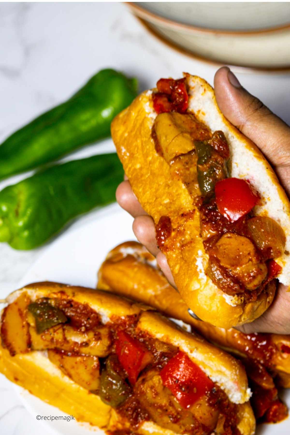 Sausage and Peppers with Onions hoagie rolls