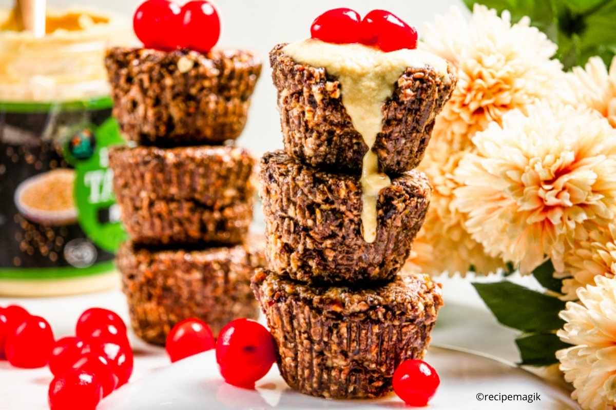vegan granola cups with cherries and flowers