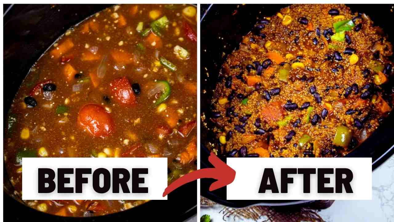 comparision of before and after of quinoa chili in slow cooker