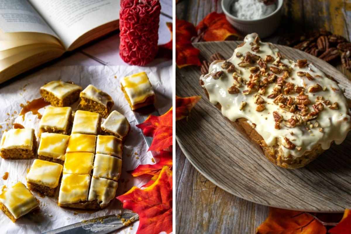 pumpkin cakes cut out in squares with a book open the background and a red candle kept aside collaged with pumpkin bread with cream cheese frosting and crushed pecan nuts in a boat shaped plate