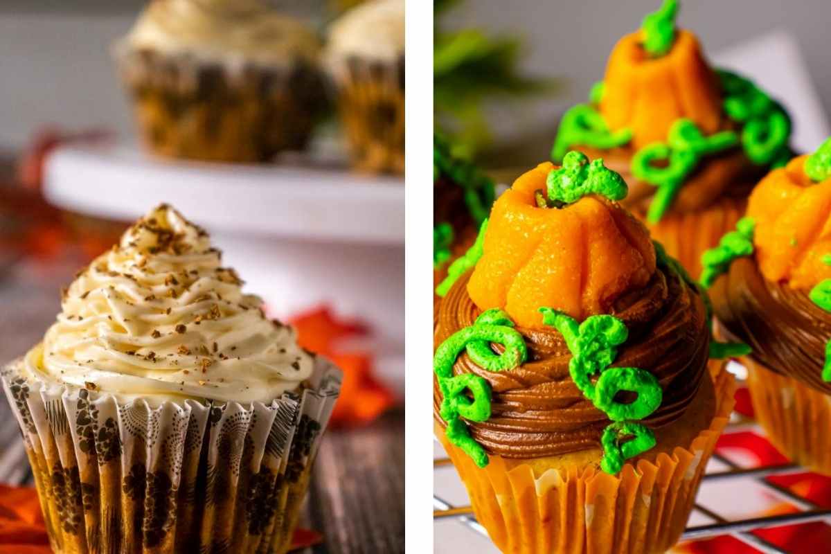 pumpkin cupcake with fall leaves and other cupcakes in the background and another image of pumpkin patch cupcakes on a cooling rack