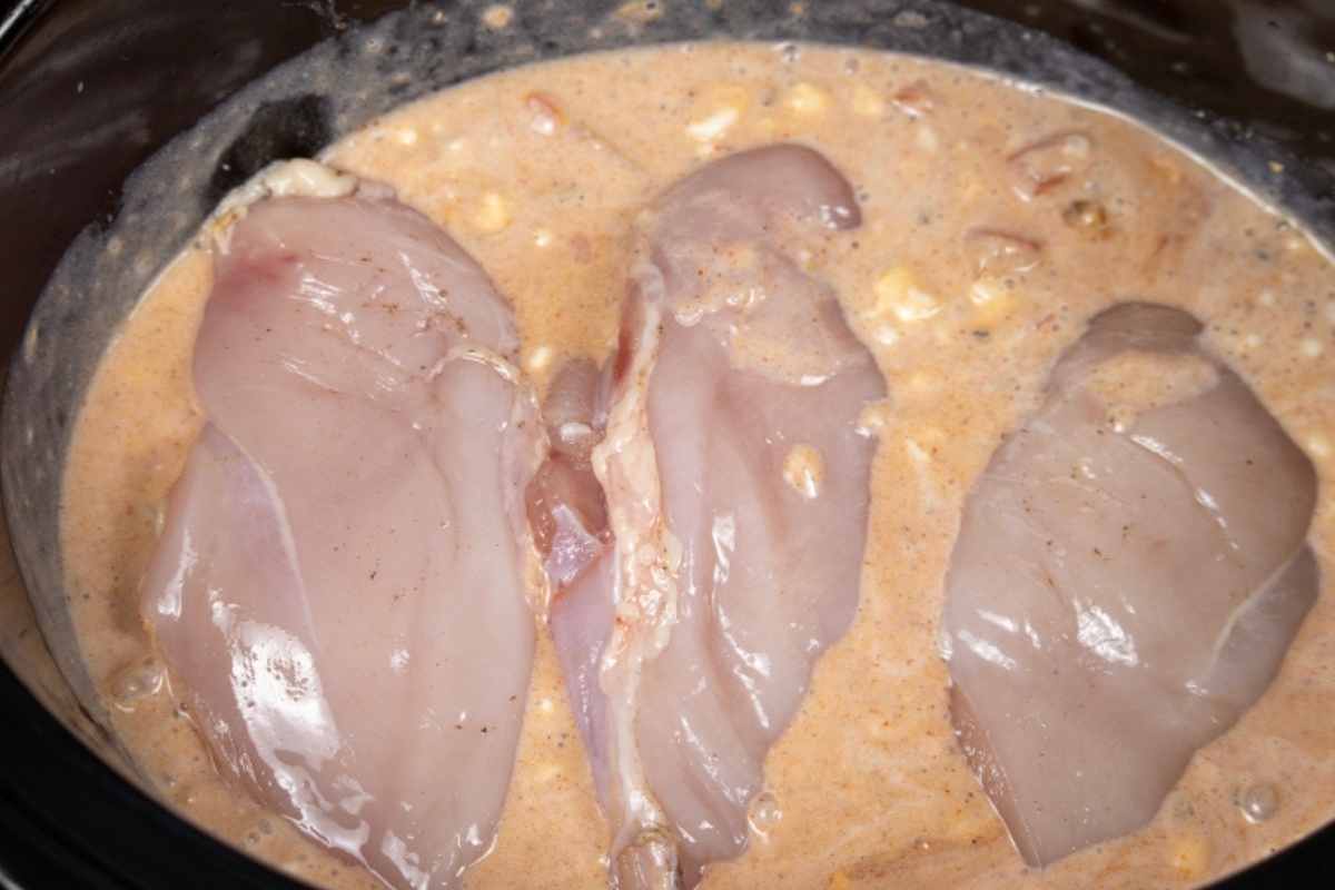 overhead shot of chicken in crockpot