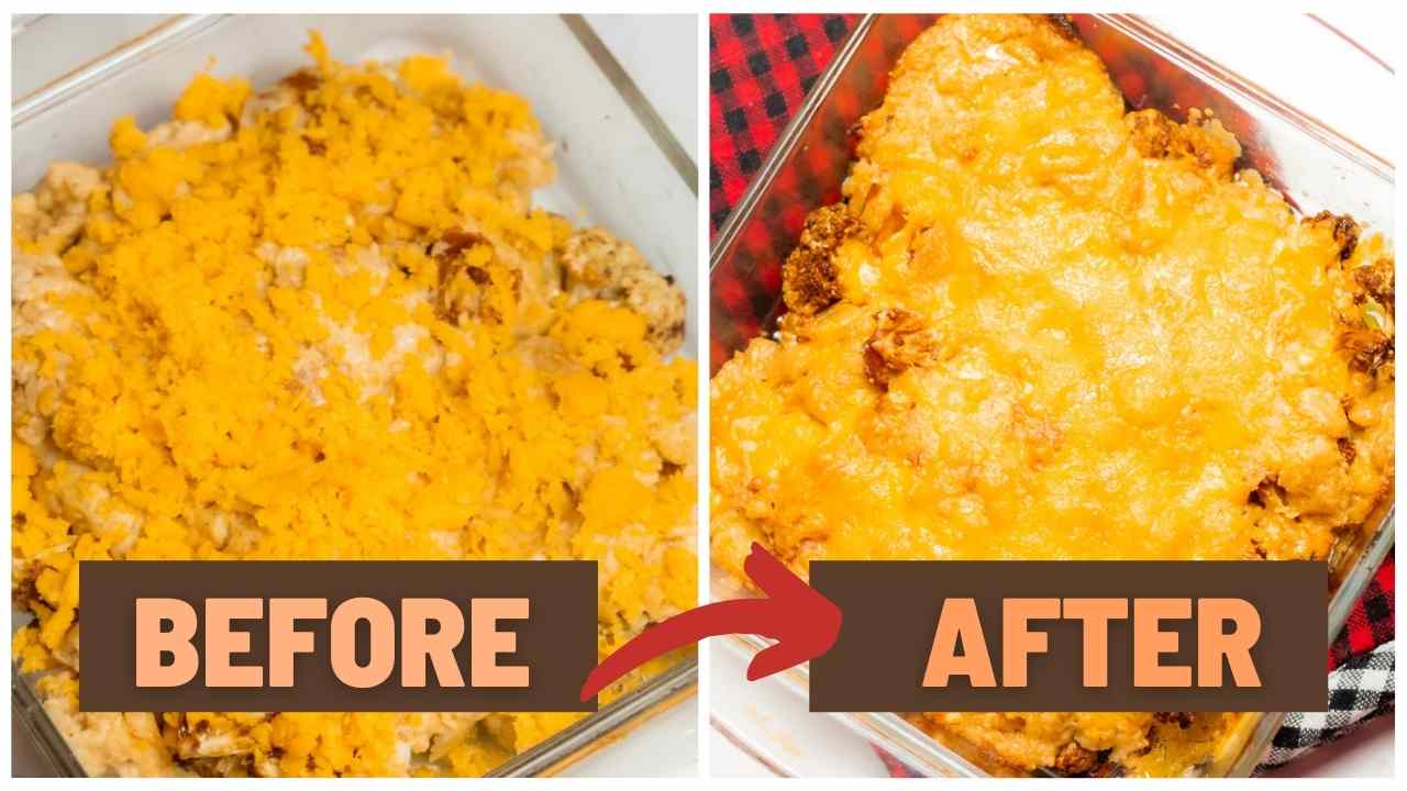 comparison of before and after baking cauliflower au gratin