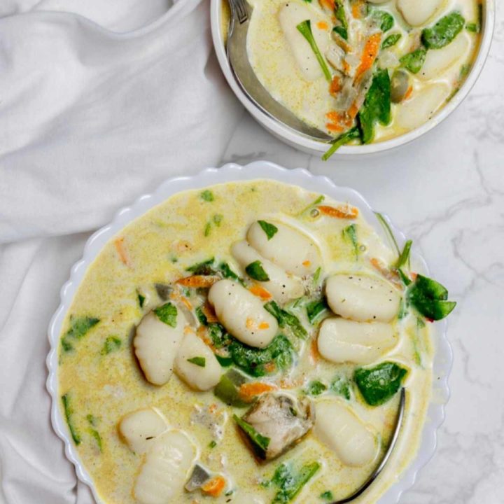 chicken gnocchi soup in two bowls