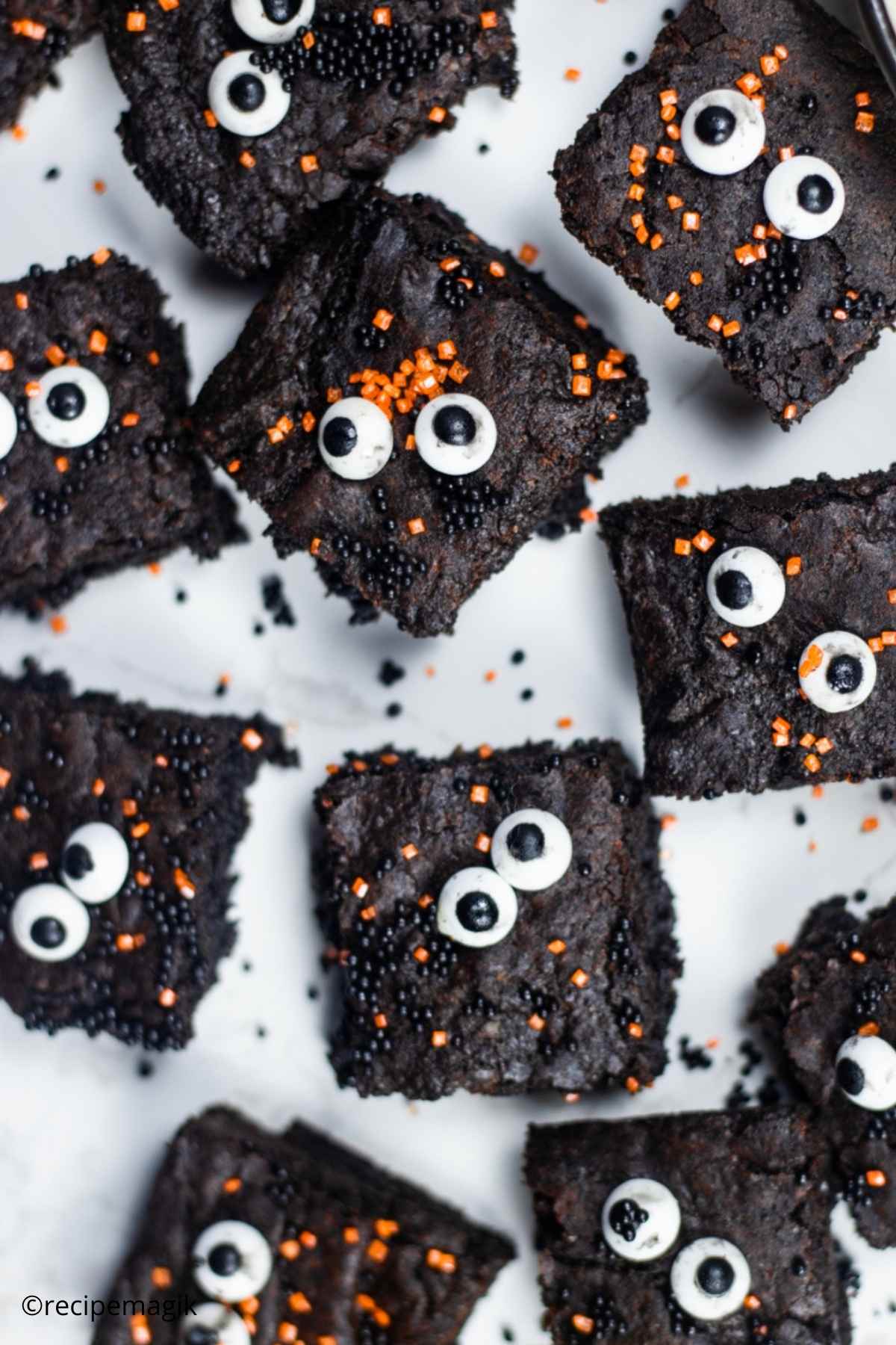 halloween monster eye brownies with orange and black sprinkles