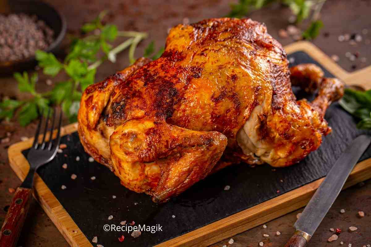 roasted chicken served in a wooden dish