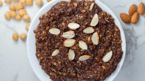 chocolate hummus in a white bowl