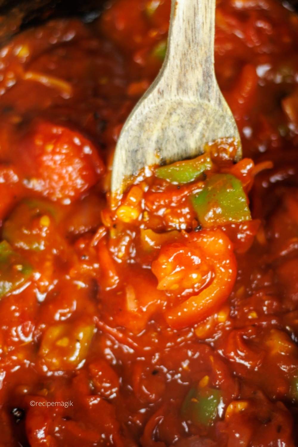 closeup of chunky vegetable spaghetti sauce