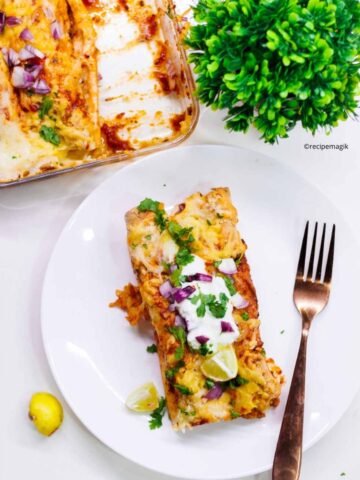 red chicken enchiladas on a plate