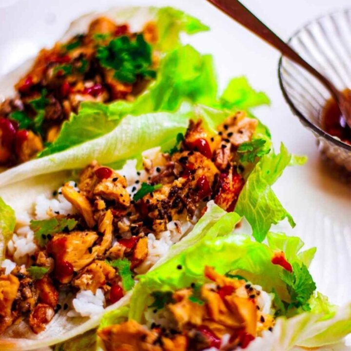 Asian Salmon Lettuce wraps arranged on a white table