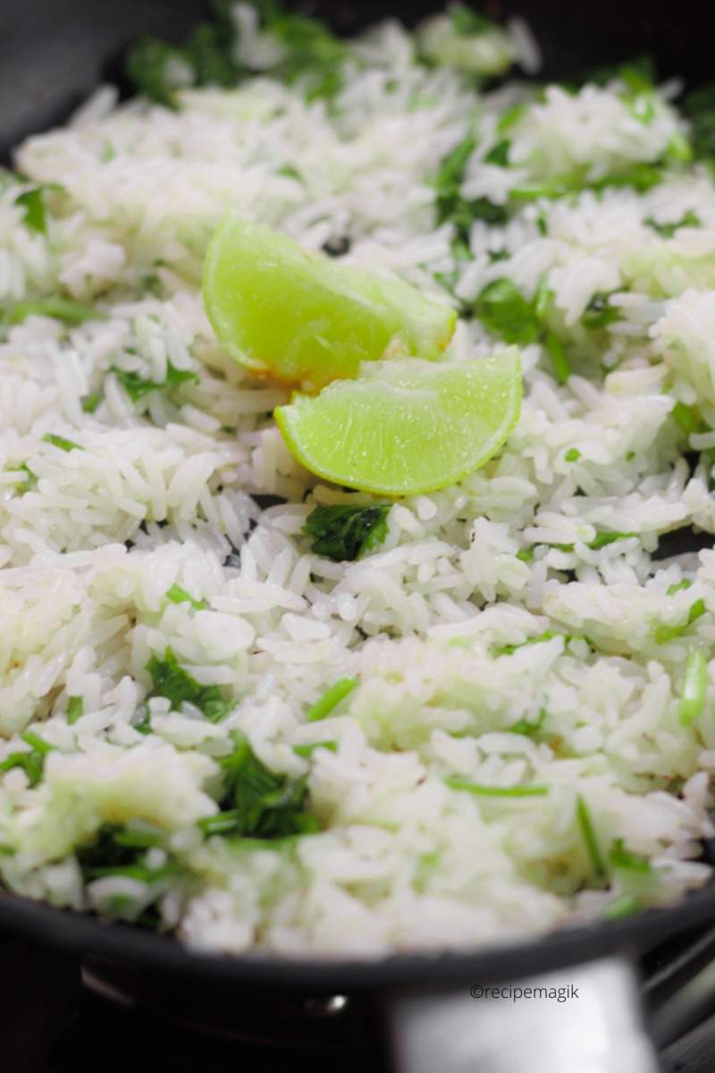 Homemade Chipotle's Cilantro Lime Rice cooking in a skillet