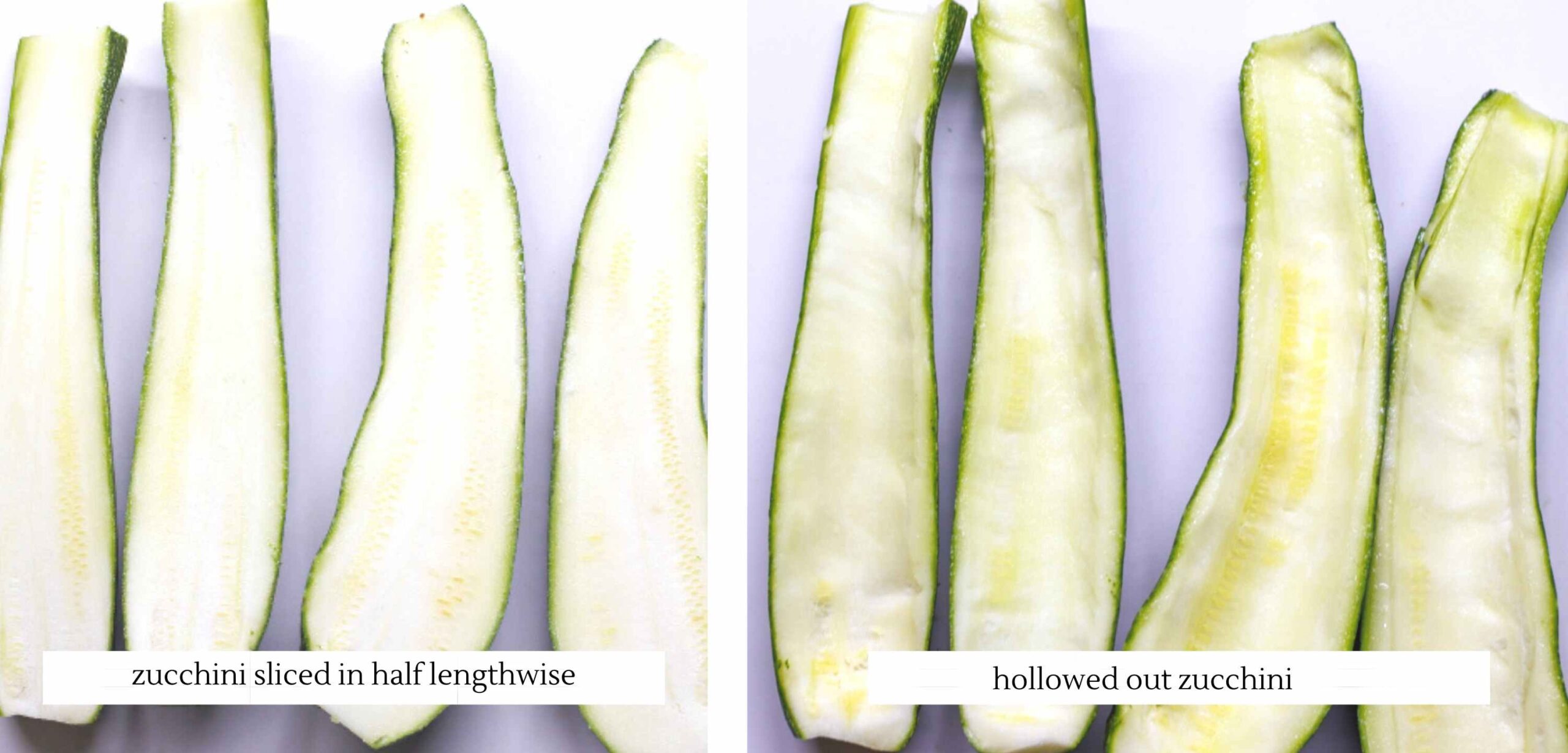 before and after picture of Zucchini being hollowed out before use