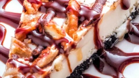 turtle cheesecake with caramel and chocolate sauce
