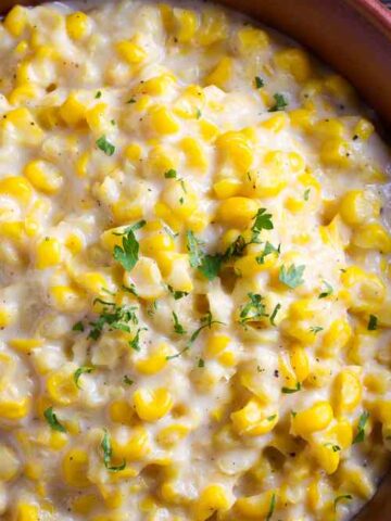 honey butter corn in a brown skillet
