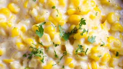 honey butter corn in a brown skillet