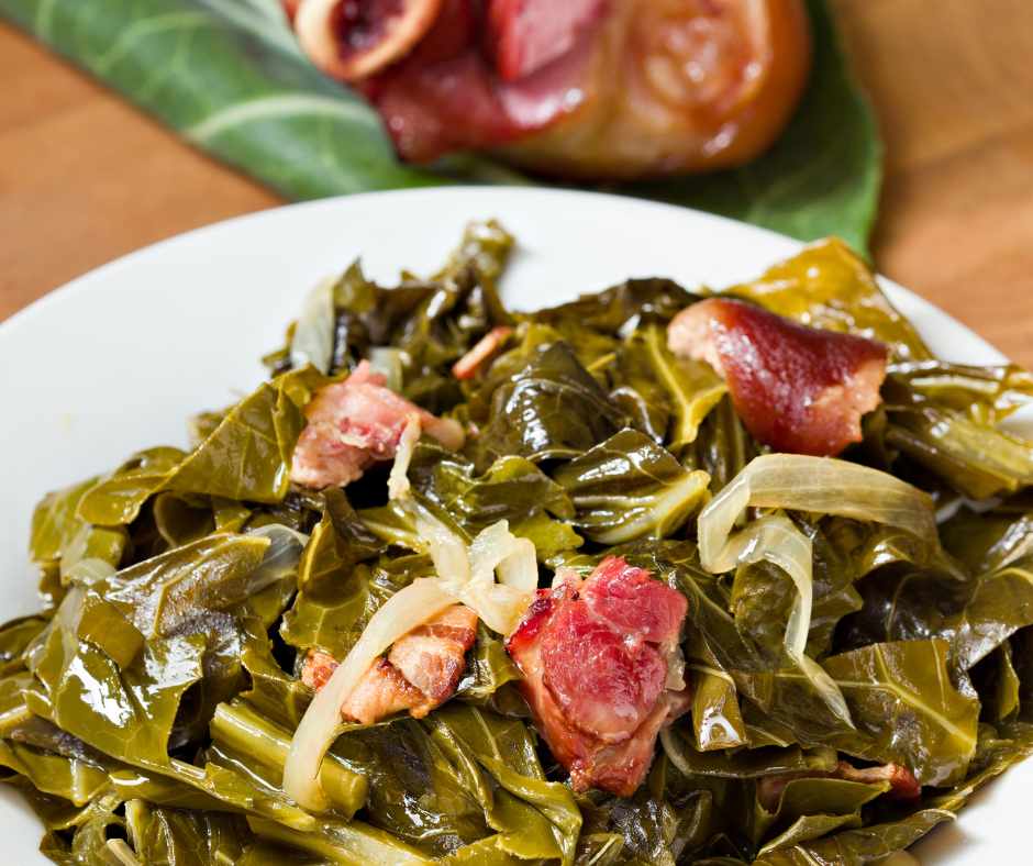 southern style collard greens served in a white plate