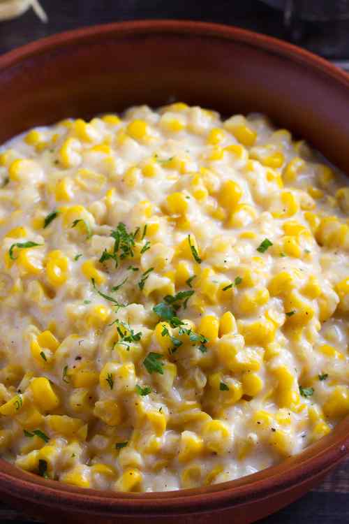 honey butter corn in a brown bowl