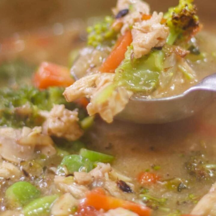 chicken broccoli cheddar soup served in a stock pot