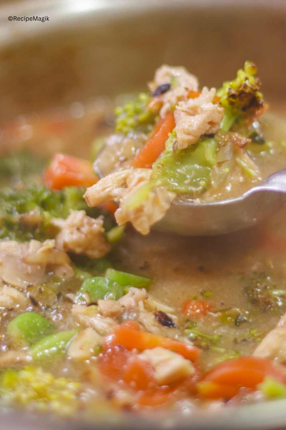 chicken broccoli cheddar soup in a saucepan