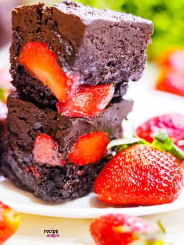 Chocolate Covered Strawberry Brownies cut and kept in a stack