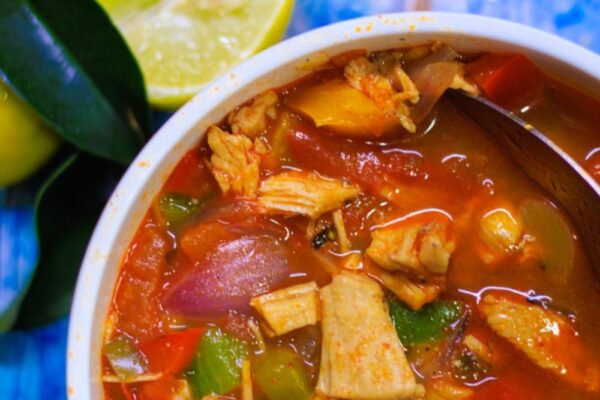 chicken fajita soup in a bowl