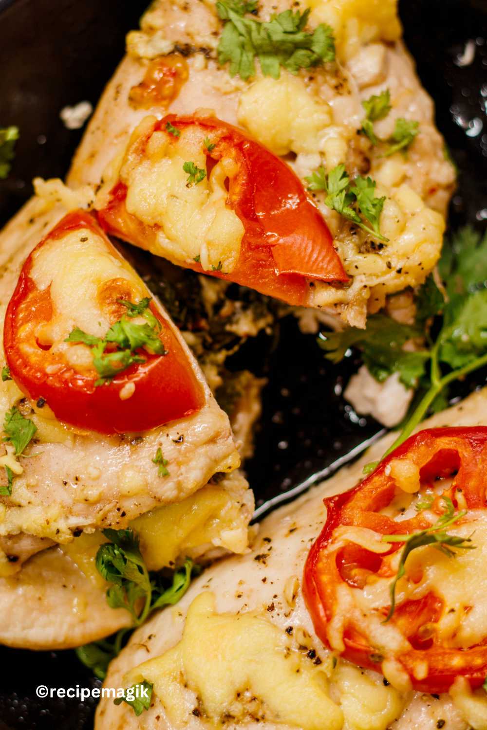 spinach and cheddar stuffed chicken breast topped with cheese and tomato