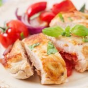 chicken breast stuffed with cheese and topped with basil
