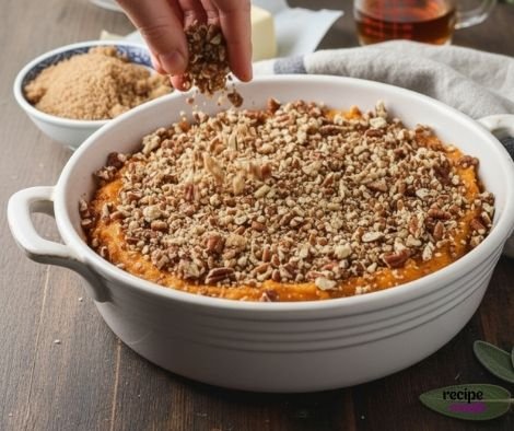 adding pecan streusel Bourbon Pecan Sweet Potato Casserole