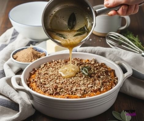 pouring sage butter over Bourbon Pecan Sweet Potato Casserole