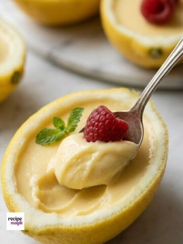 Lemon Posset topped with raspberry in a lemon shell