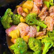 slow cooker pineapple teriyaki chicken with broccoli and bell peppers