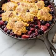 Mixed Berries Cornbread Cobbler in a Cast Iron Skillet
