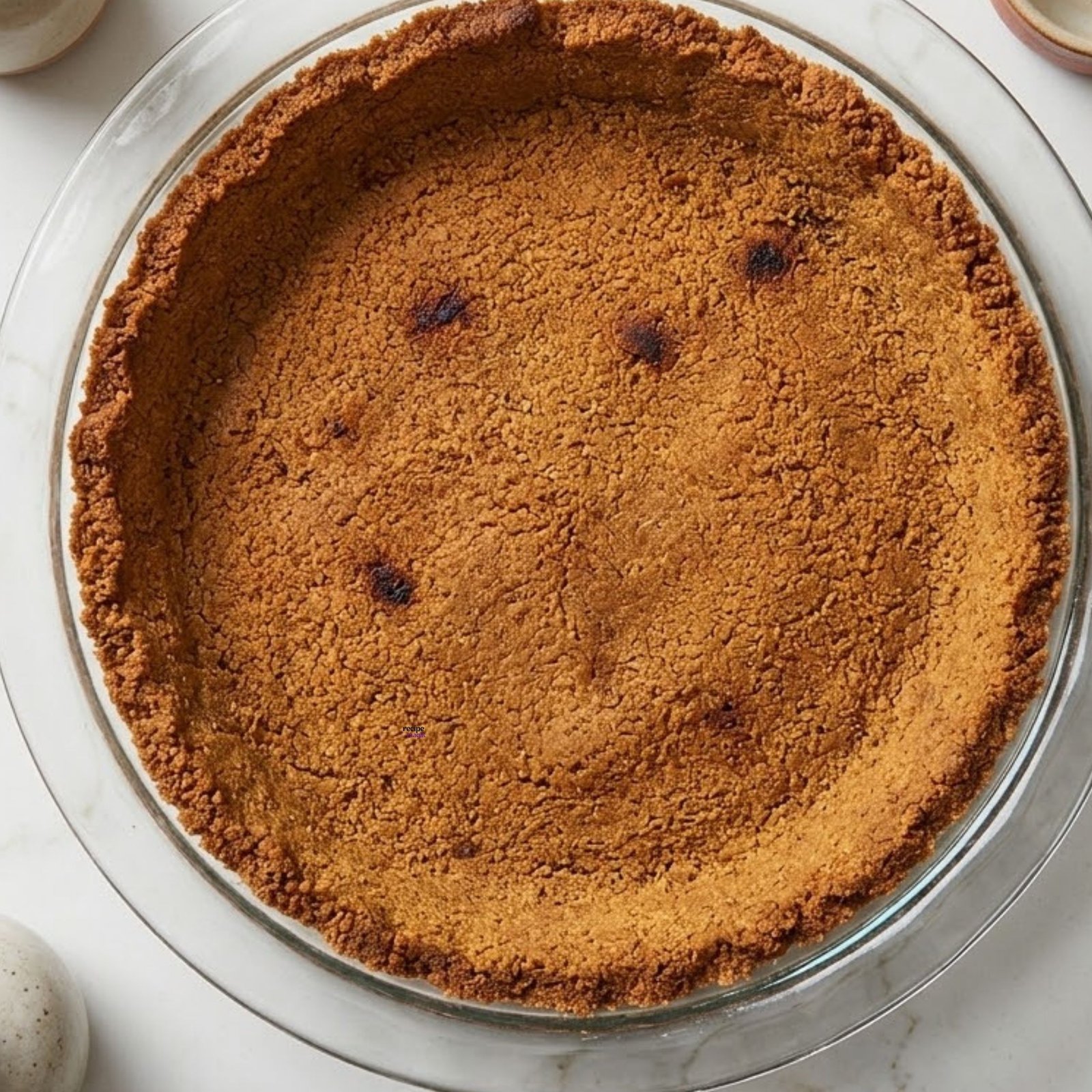 Pressed gingersnap pie crust in a glass pie plate ready for baking