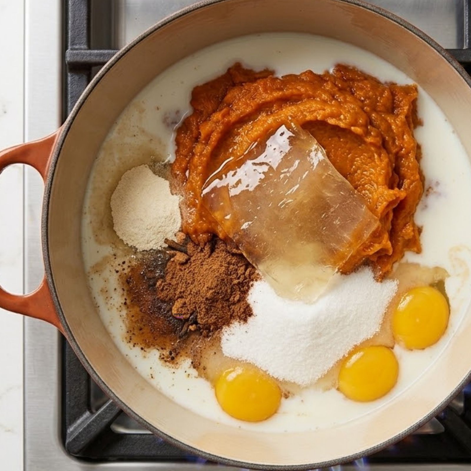 Cooking pumpkin chiffon pie custard base in a Dutch oven on the stove