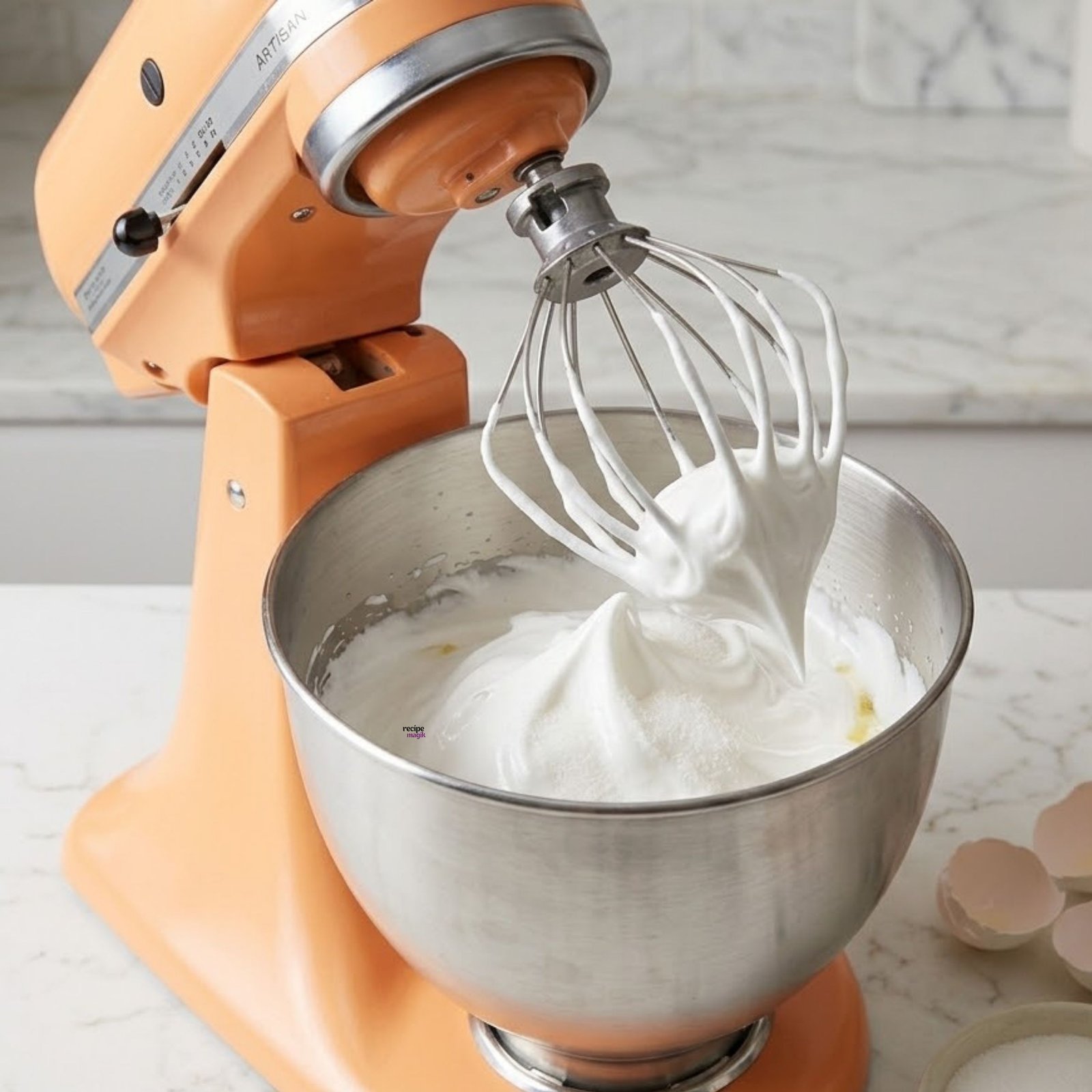 Stiff peaks of white meringue in a stand mixer bowl for a fluffy chiffon pie