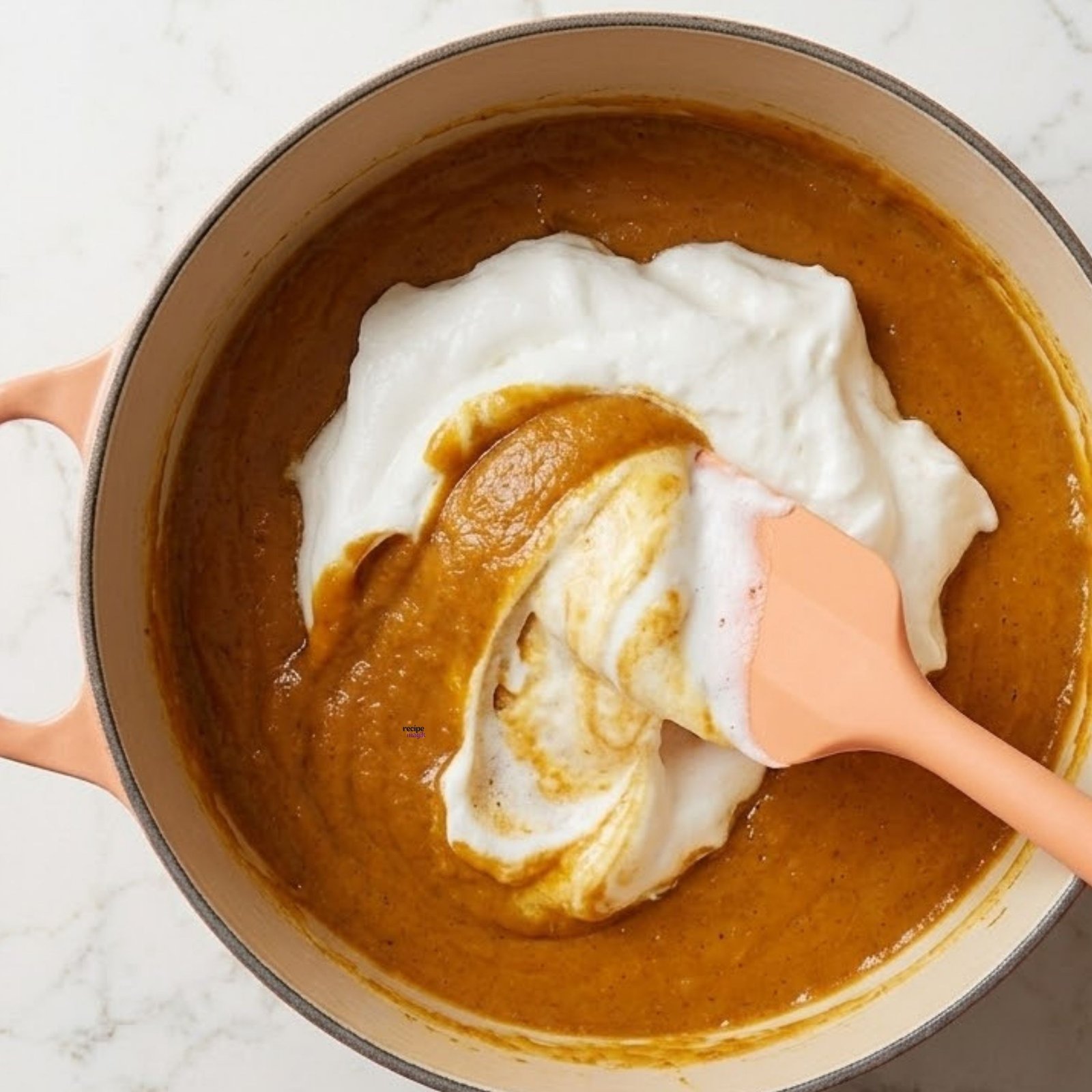 Gently folding whipped meringue into smooth pumpkin custard base with a spatula
