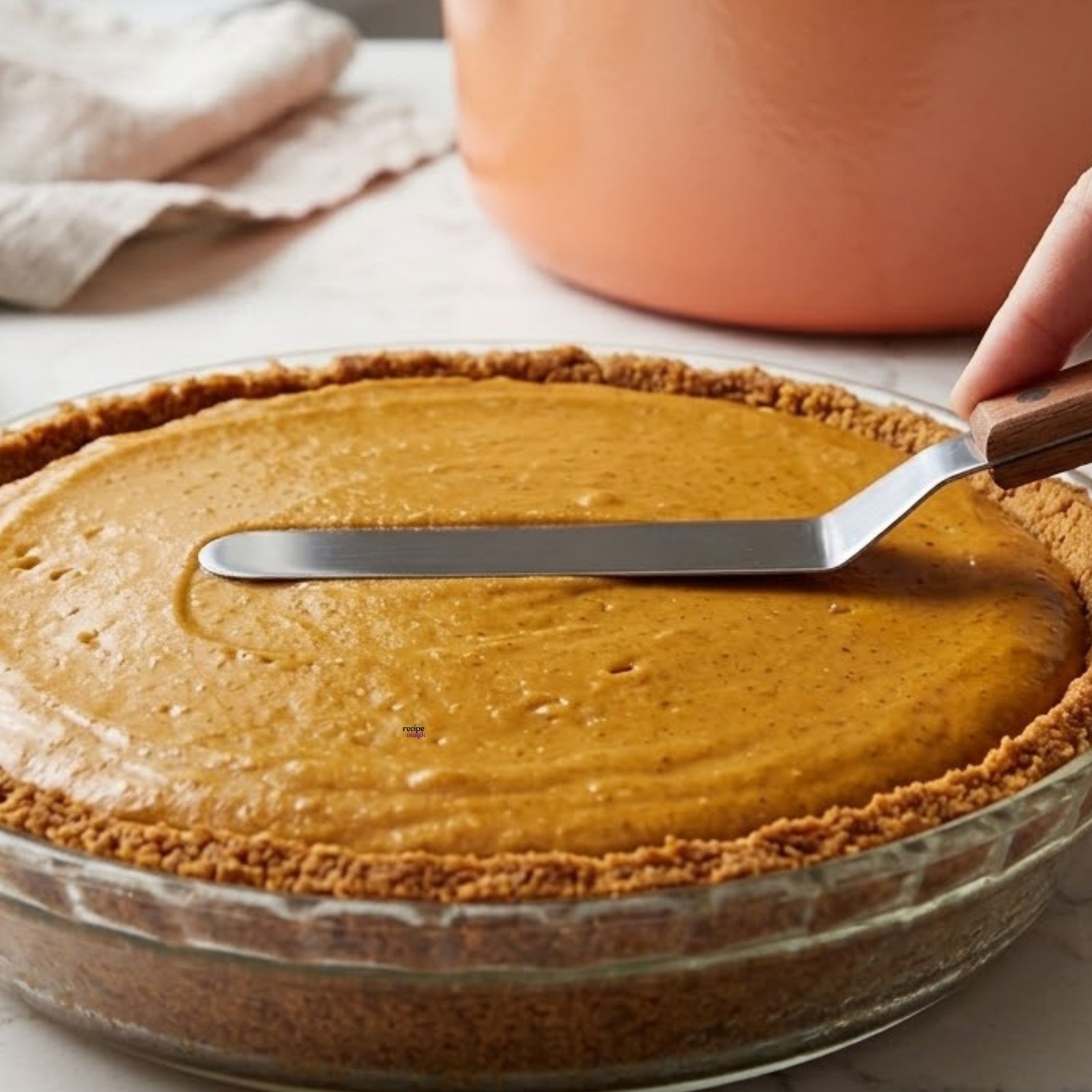 Fluffy pumpkin chiffon filling poured into the baked crust, ready to chill