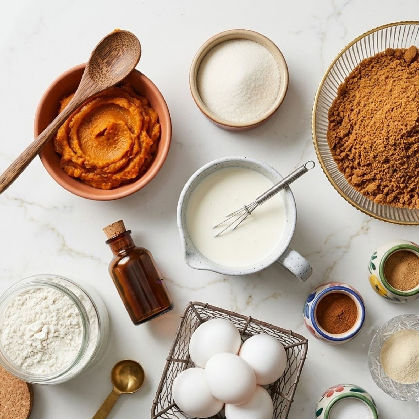 Ingredients laid out for pumpkin chiffon pie including pumpkin puree, spices, and eggs
